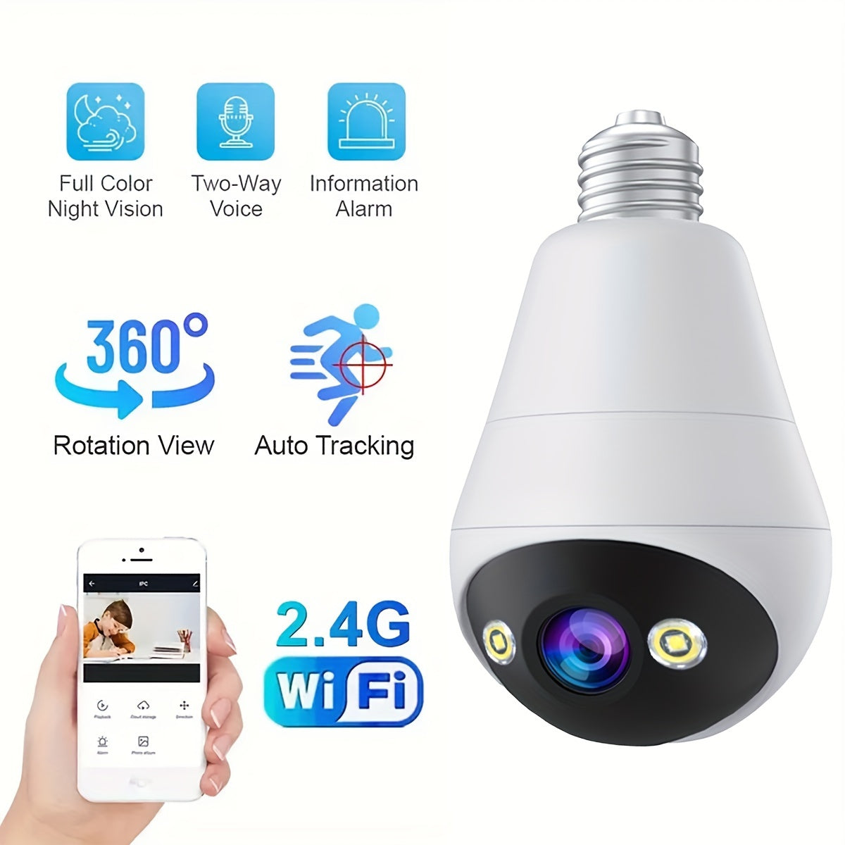 JOOAN E27 Bulb-Shaped WiFi PTZ Camera - 1296p HD Resolution, Night Vision & Two-Way Audio