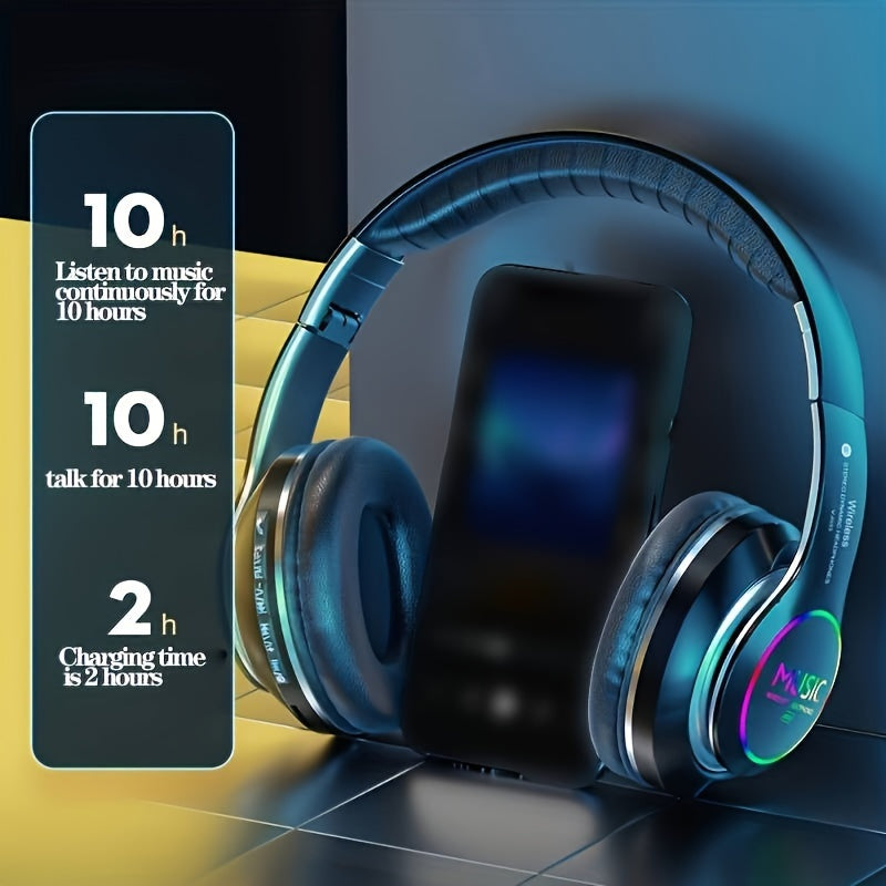 Wireless Deep Bass Headphones - Foldable Gaming Earbuds with Built-in Mic