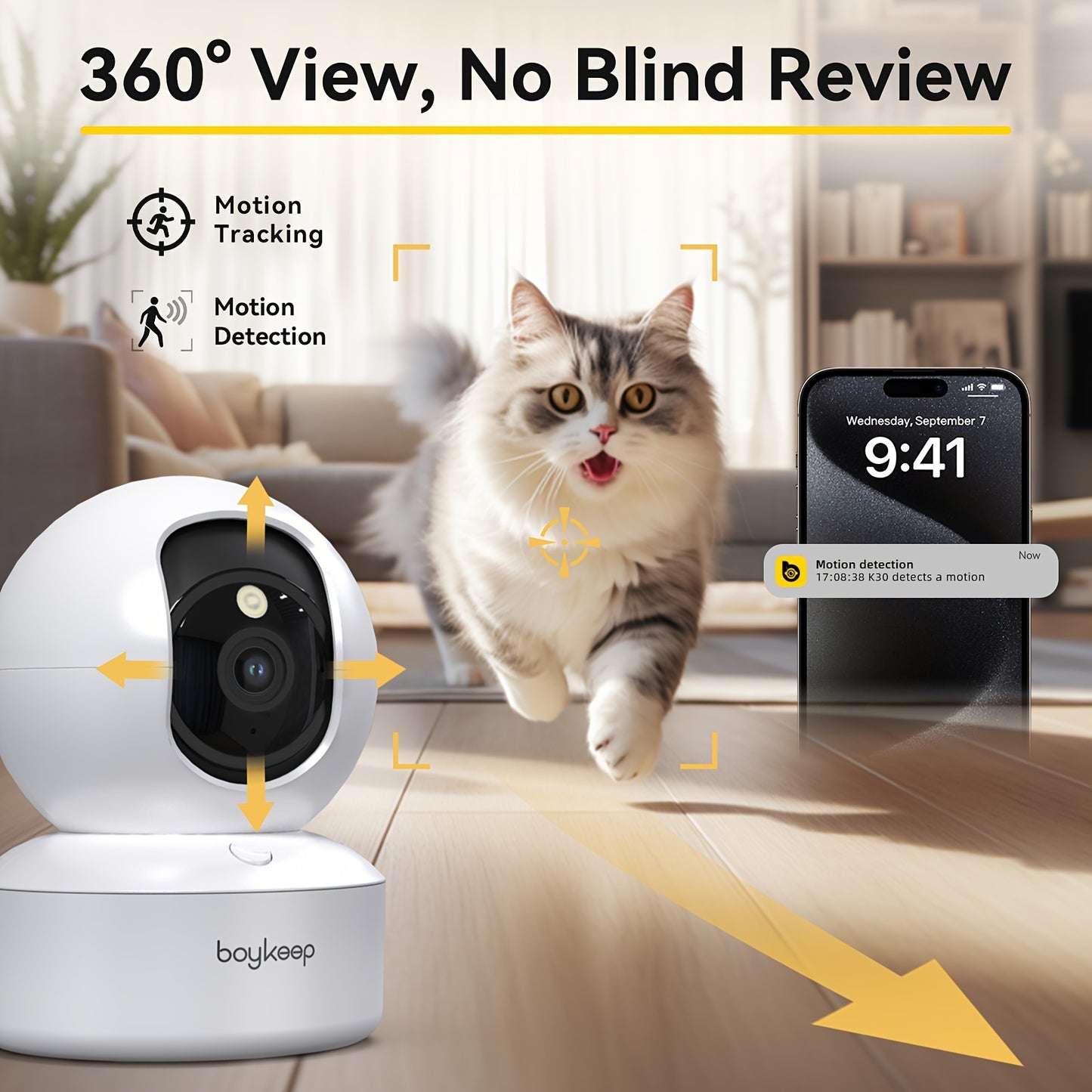 BoyKeep 2K HD Pet Camera - Wireless Indoor Security Cam with 360° Pan & Tilt, Night Vision, and 2-Way Audio