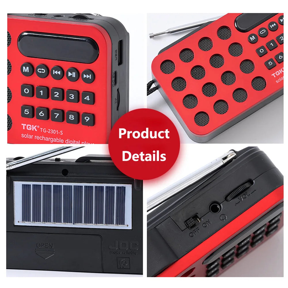 Rechargeable Portable FM Radio Mini Solar Bluetooth Speaker - USB/TF Card MP3 Music Player