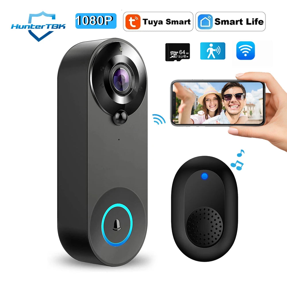 1080P Wireless Video Doorbell Camera - Tuya Smart Home Security with Motion Detection and Night Vision