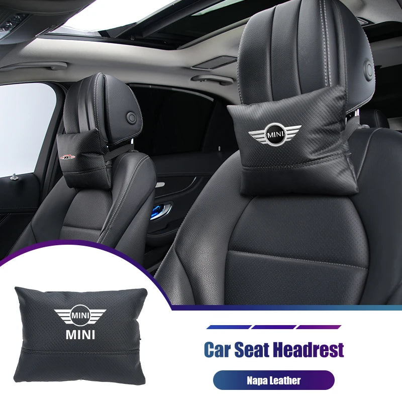 Leather Car Seat Headrest Neck Pillow & Lumbar Backrest for MINI Cooper R50-R60 Series