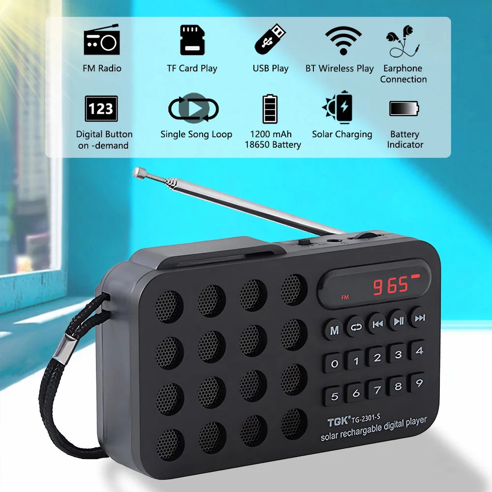 Rechargeable Portable FM Radio Mini Solar Bluetooth Speaker - USB/TF Card MP3 Music Player