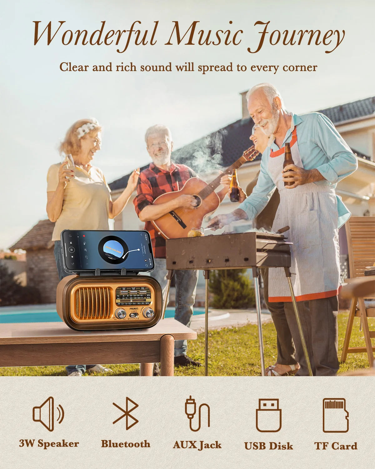 PRUNUS J-150 Retro Vintage Bluetooth Radio - Portable AM/FM Transistor with Solar/Battery Operation