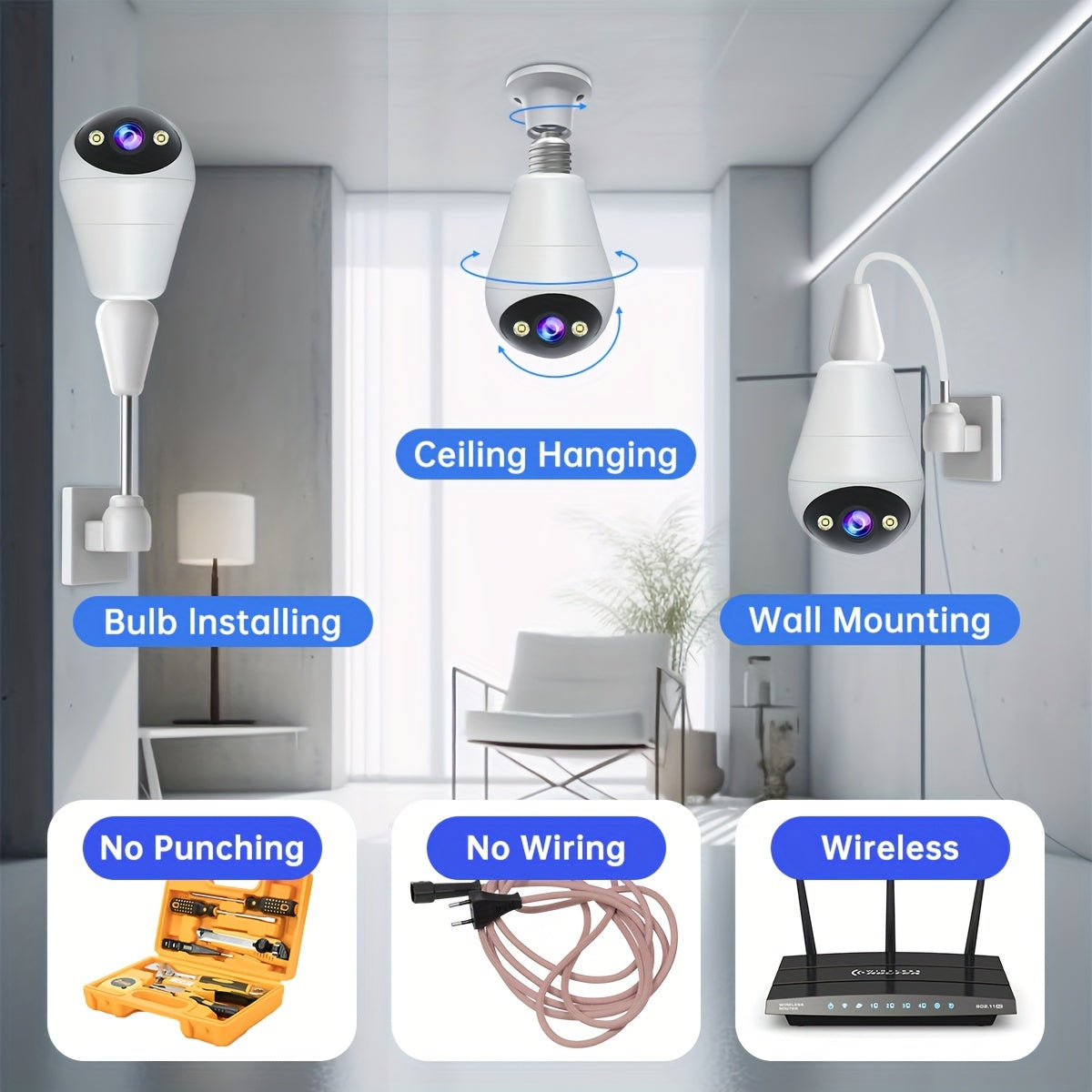 JOOAN E27 Bulb-Shaped WiFi PTZ Camera - 1296p HD Resolution, Night Vision & Two-Way Audio