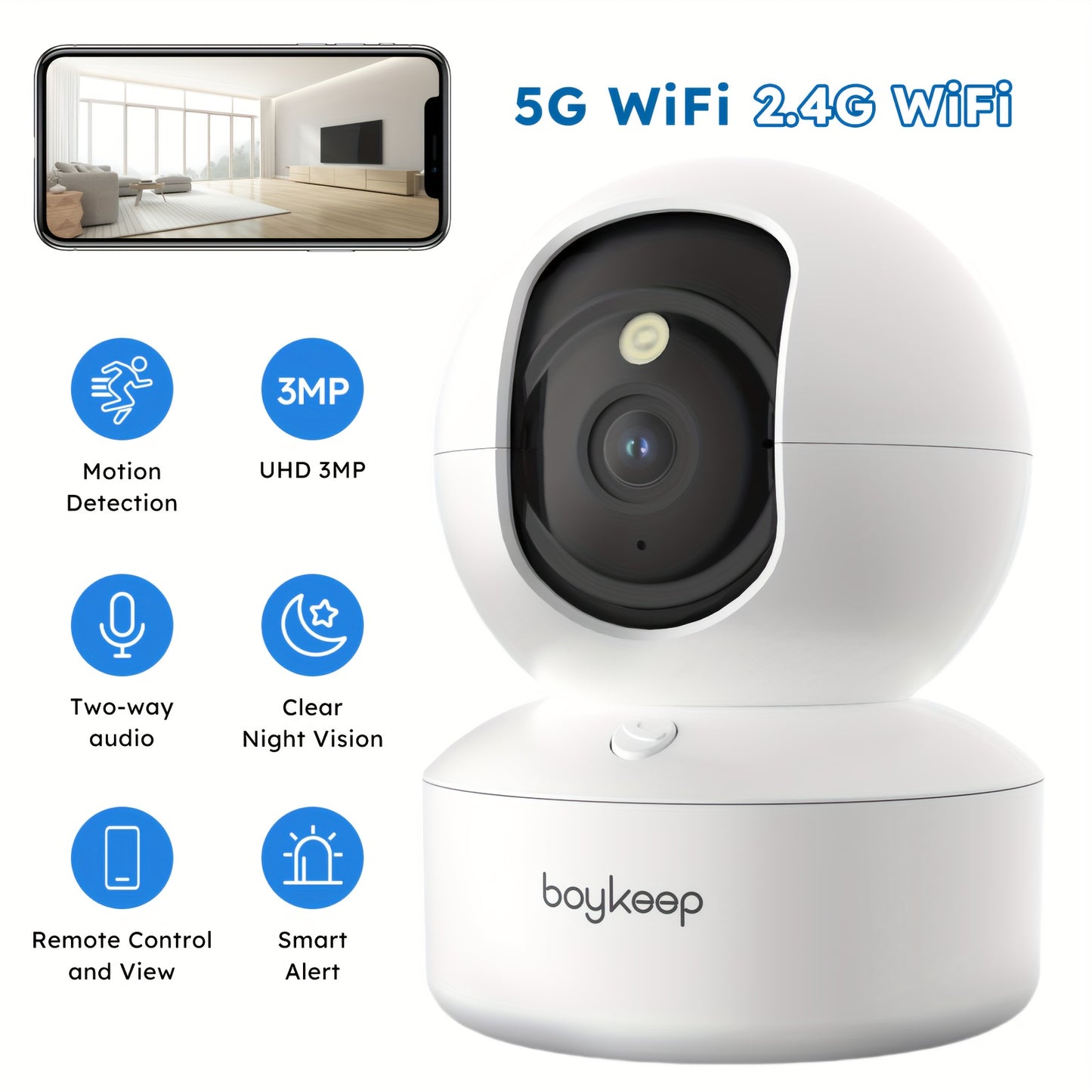 BoyKeep 2K HD Pet Camera - Wireless Indoor Security Cam with 360° Pan & Tilt, Night Vision, and 2-Way Audio