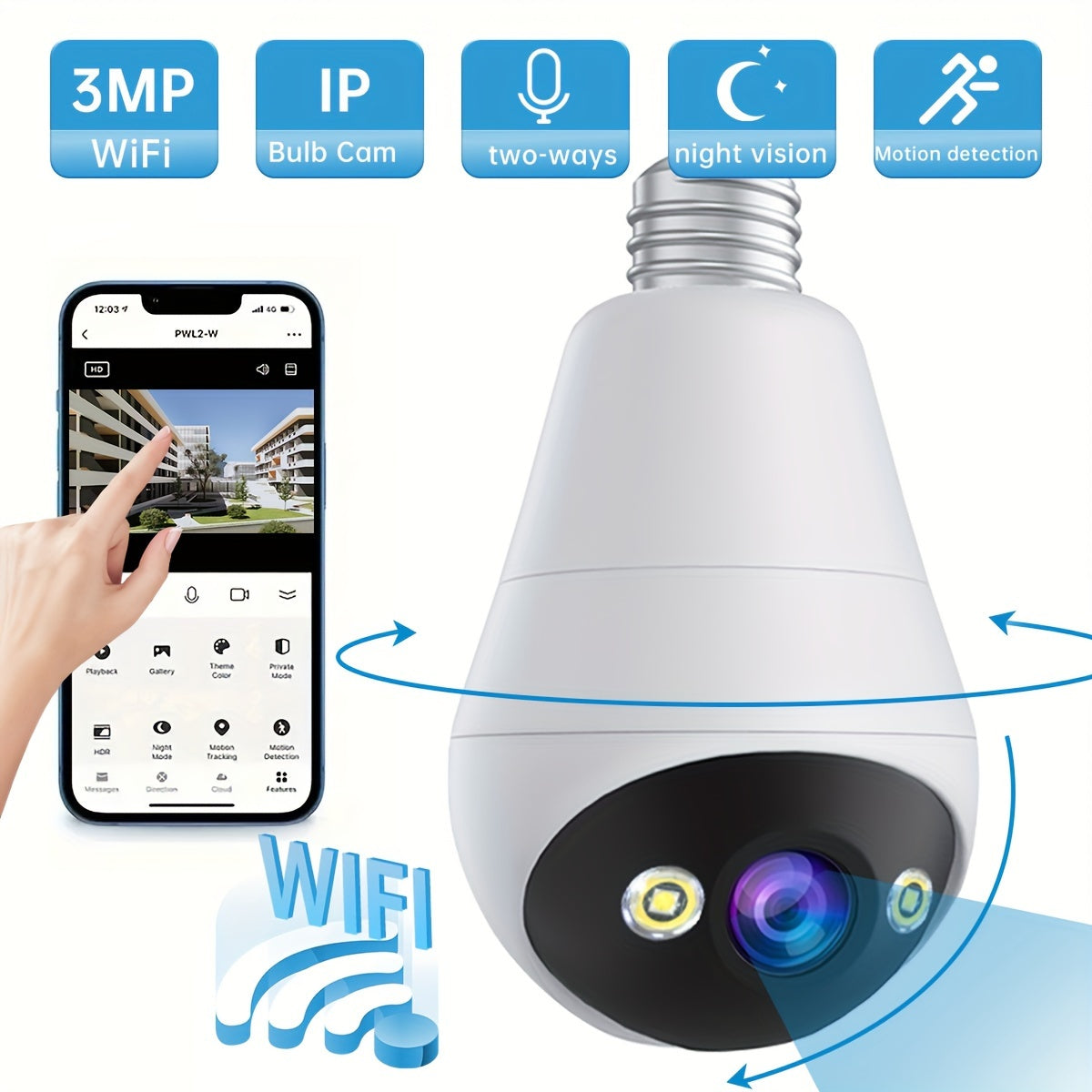 JOOAN E27 Bulb-Shaped WiFi PTZ Camera - 1296p HD Resolution, Night Vision & Two-Way Audio
