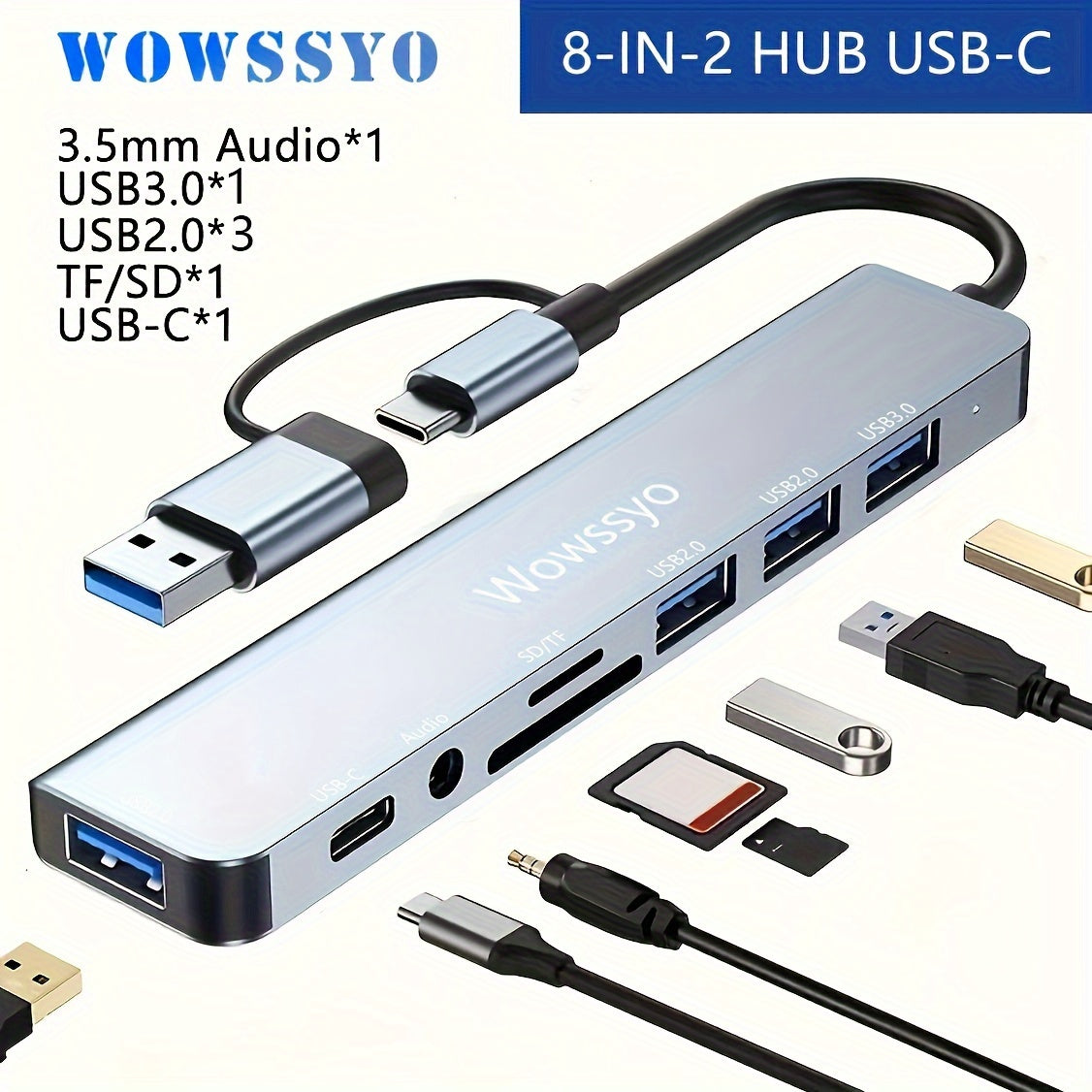 Wowssyo 8-in-1 USB-C Hub - Multi-Port Adapter for MacBook Pro/Air, iPad Pro, and More