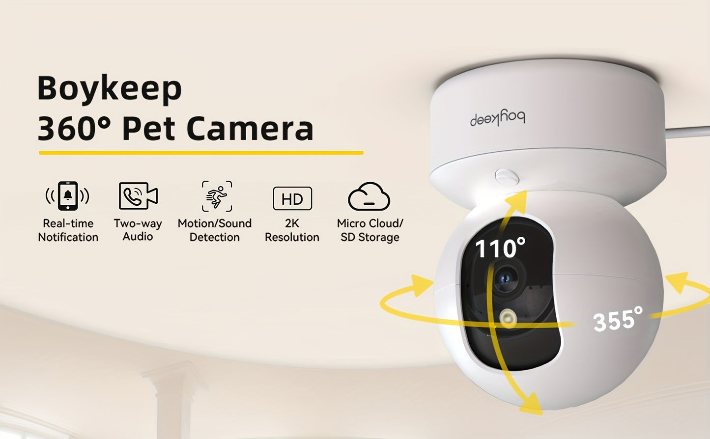 BoyKeep 2K HD Pet Camera - Wireless Indoor Security Cam with 360° Pan & Tilt, Night Vision, and 2-Way Audio