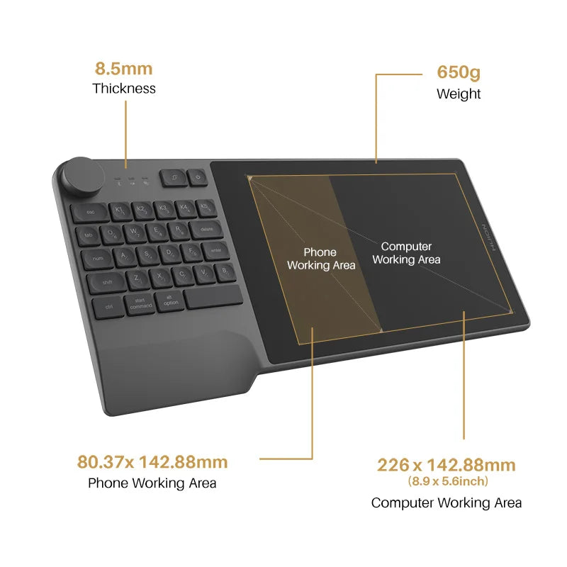 HUION Inspiroy Keydial KD200 - Battery-Free Wireless Graphics Tablet with Keyboard