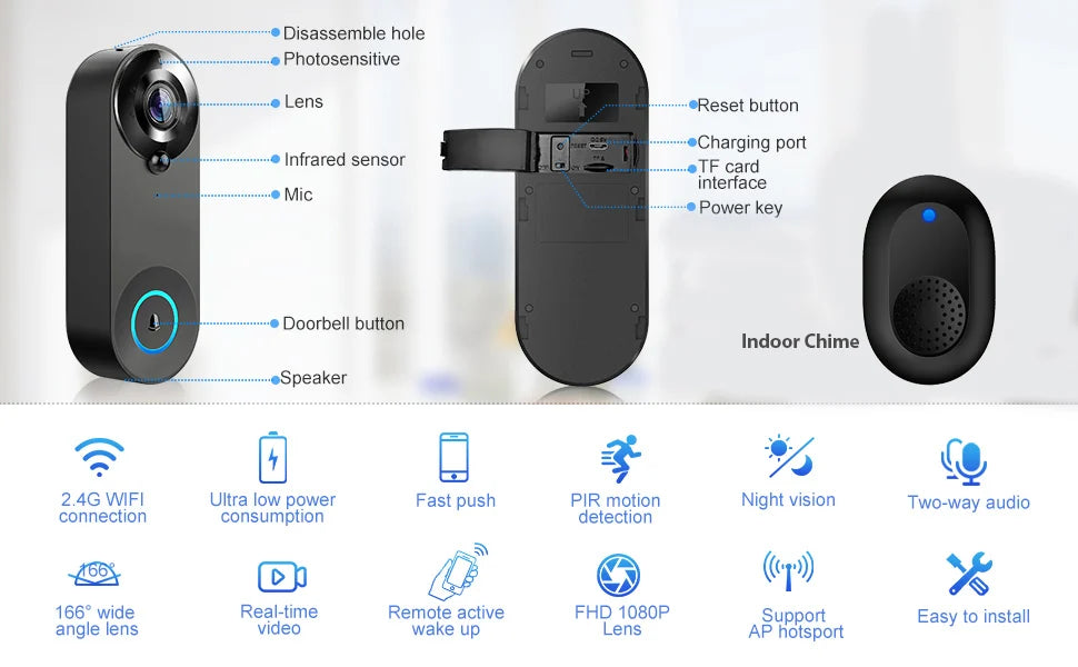 1080P Wireless Video Doorbell Camera - Tuya Smart Home Security with Motion Detection and Night Vision