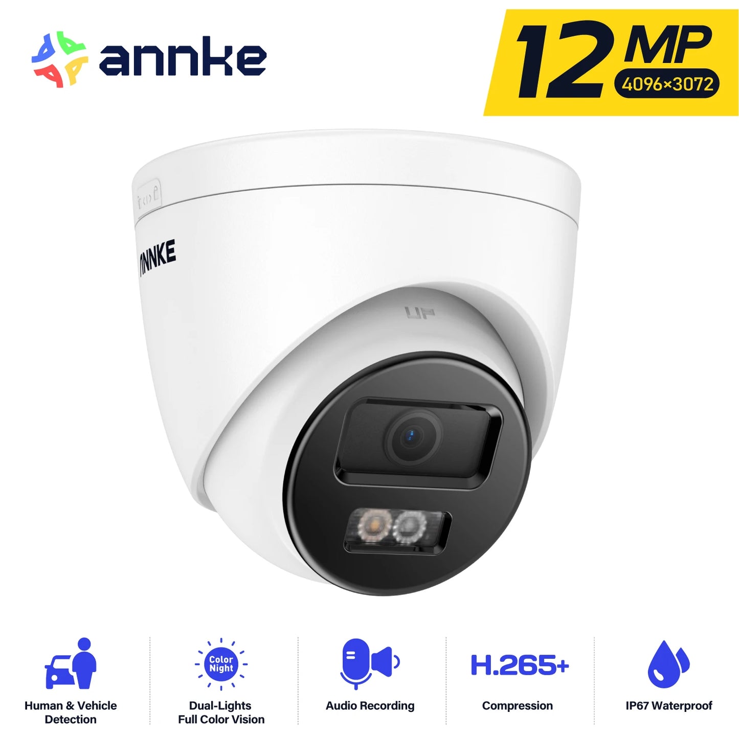 ANNKE 12MP Outdoor Dual Light PoE Security Camera - Color IR Night Vision, Microphone, IP67, H.265+