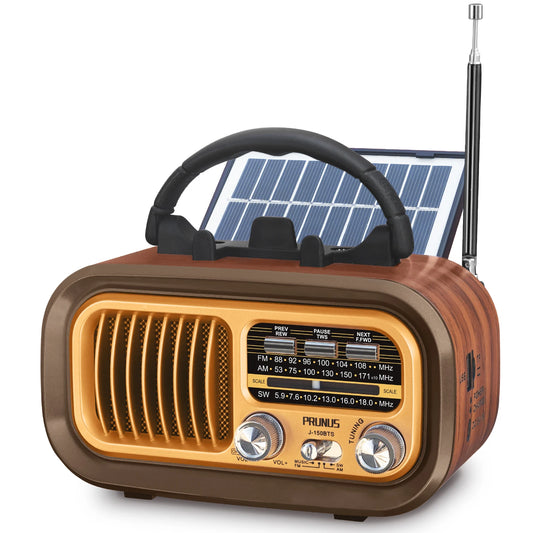 PRUNUS J-150 Retro Vintage Bluetooth Radio - Portable AM/FM Transistor with Solar/Battery Operation