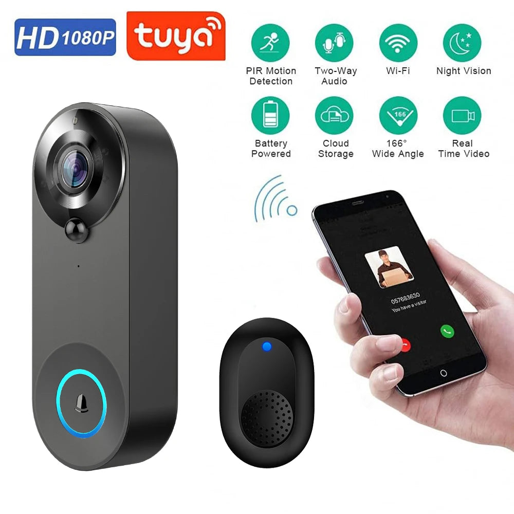 1080P Wireless Video Doorbell Camera - Tuya Smart Home Security with Motion Detection and Night Vision