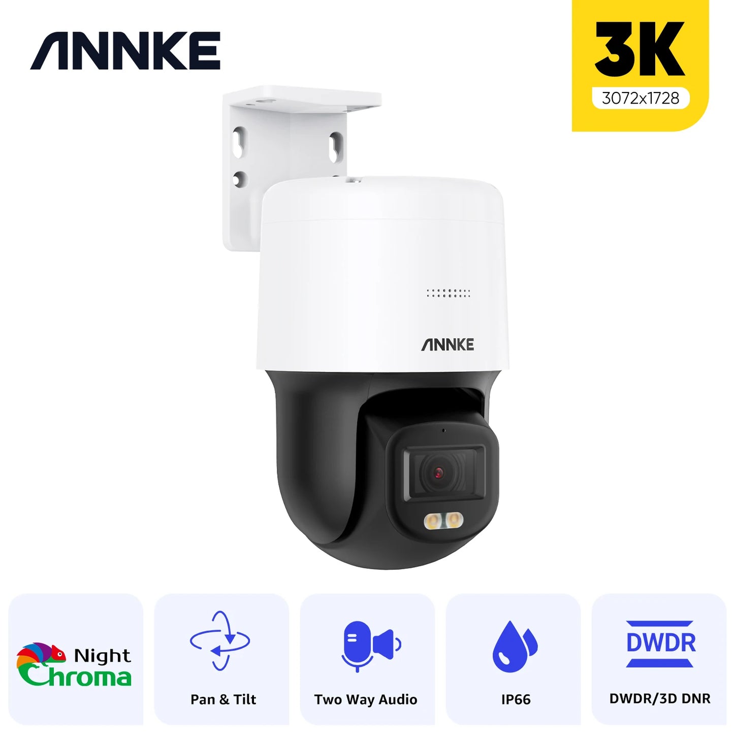 ANNKE 3K 5MP PoE PT Security Camera - Color Night Vision with Motion Detection and Built-in Microphone