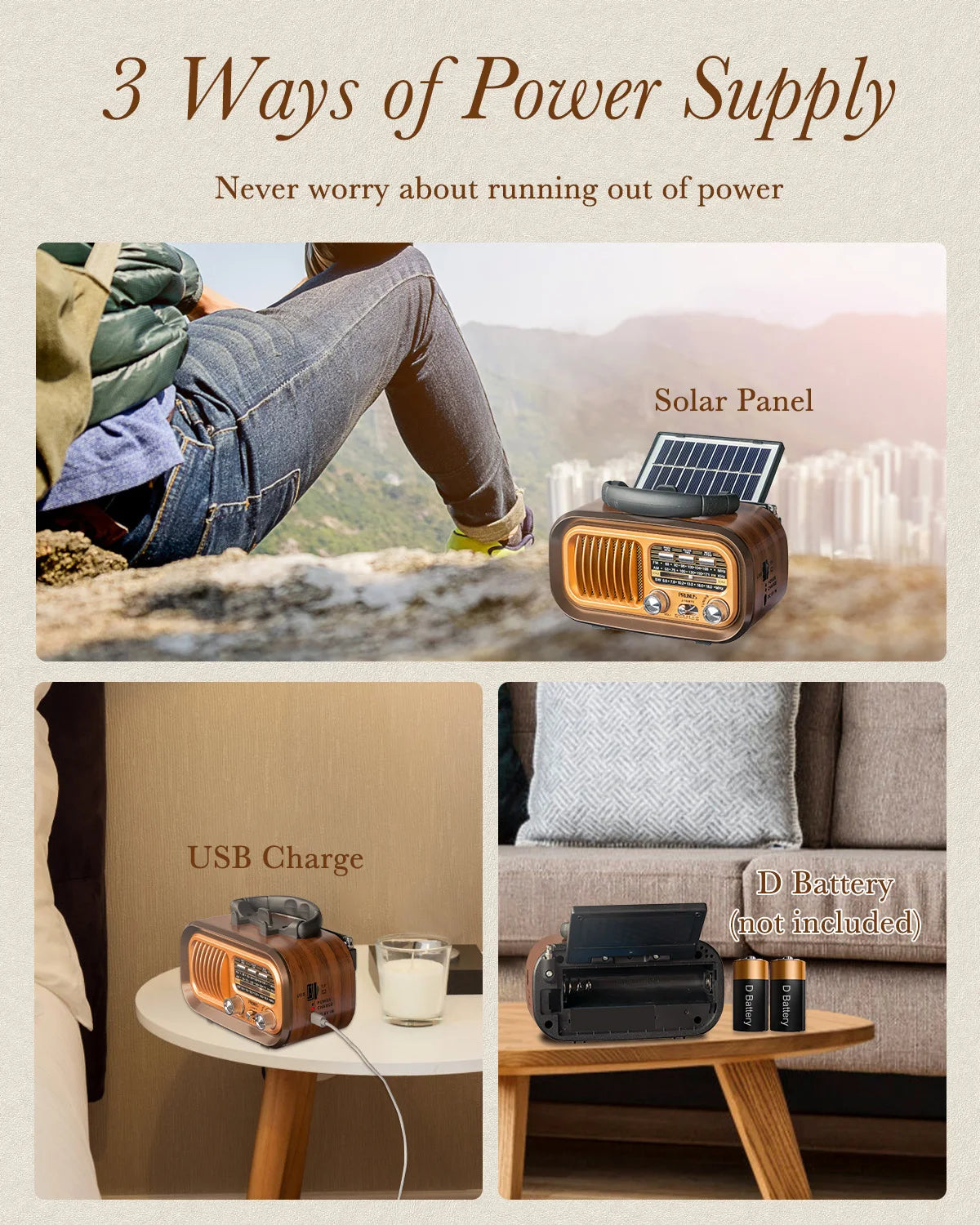 PRUNUS J-150 Retro Vintage Bluetooth Radio - Portable AM/FM Transistor with Solar/Battery Operation