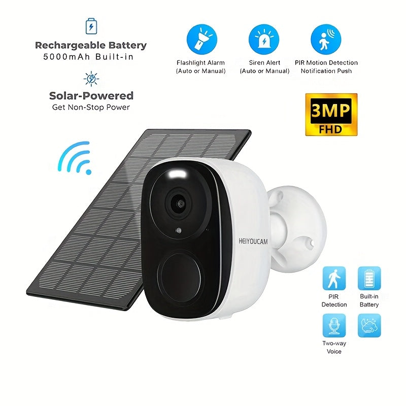 HEIYOUCAM 3MP Solar Battery Security Camera - Wireless Outdoor with Night Vision, Human Detection & 2-Way Talk